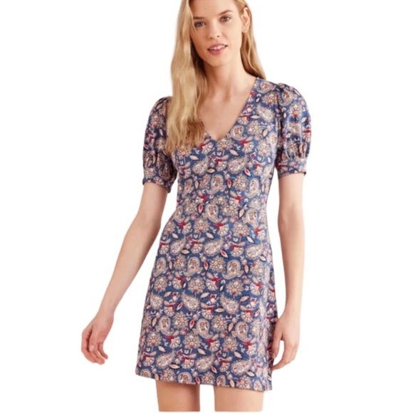 Boden Jersey Puff Sleeve V-Neckline Paisley Print Mini Dress - Picture 1 of 16